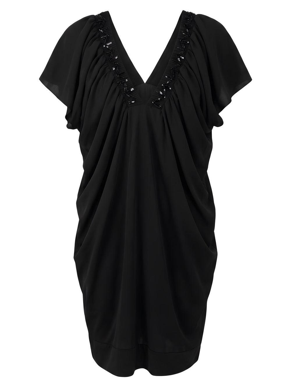 Designer piece, size S, Black Beaded V-Neck Draped Tunic Dress